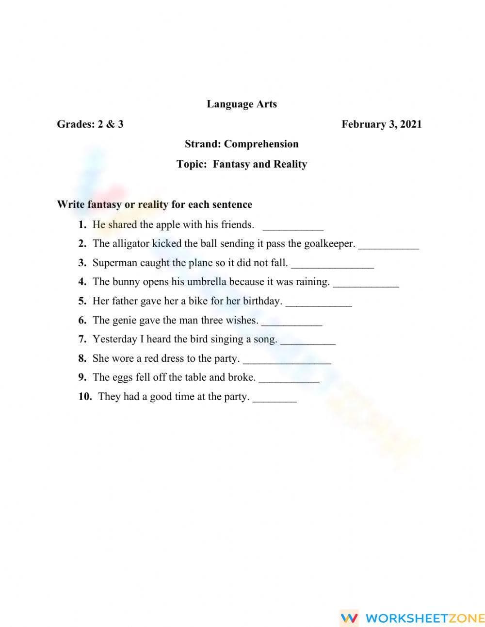 Grade 2-4 Fantasy or Reality — Printable ELA Worksheet - Page 1