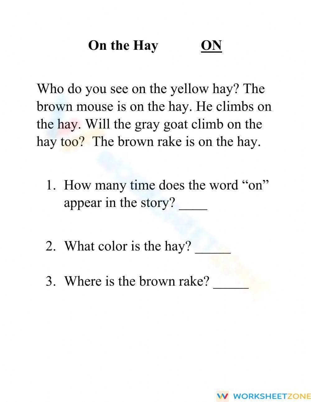 Grade 1 'On' Sight Word Reading — Printable Worksheet - Page 1