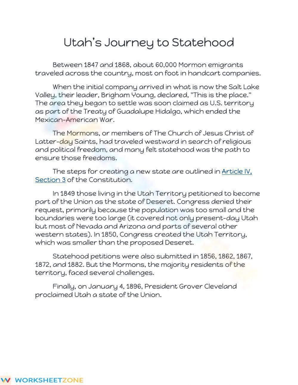 Utah Statehood Printable Worksheet | Grade 4 Reading - Page 1