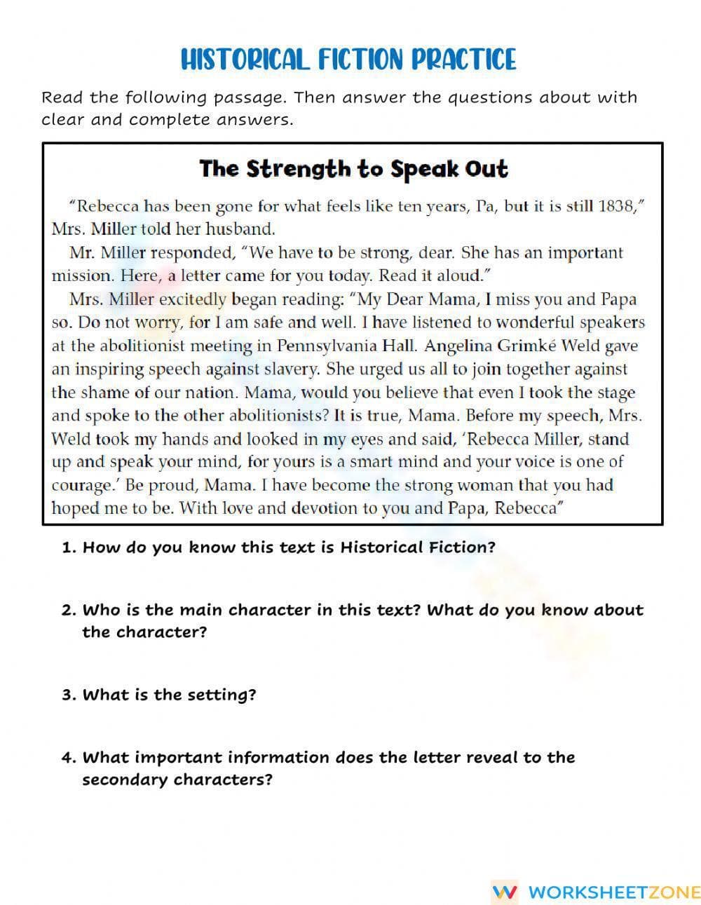 Historical Fiction Practice Worksheet | Grade 6-7 Printable - Page 1