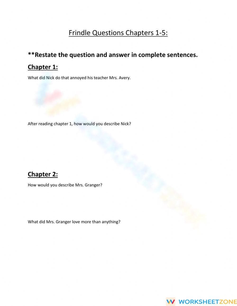 Frindle Chapters 1-5 Questions | Grade 5 Essential - Page 1