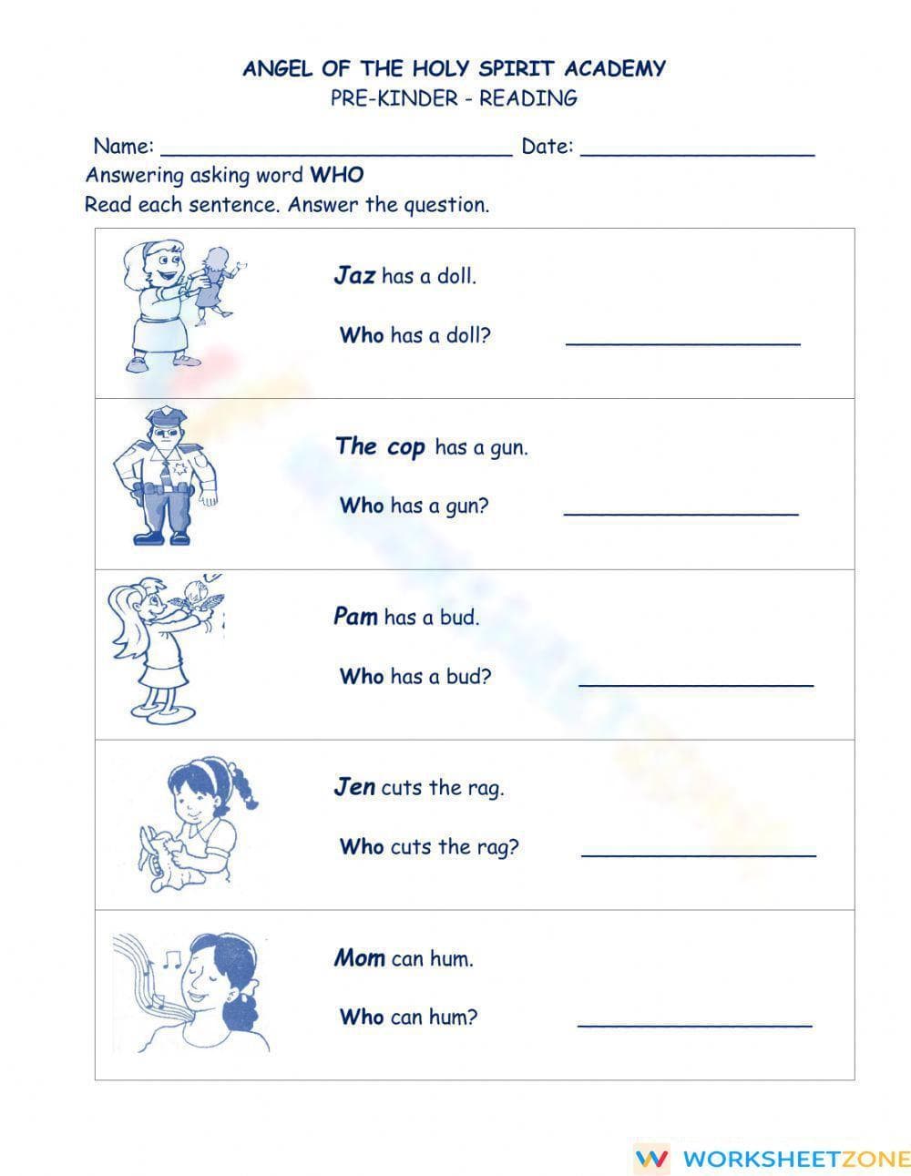 Essential Who Questions Worksheet | Kindergarten ELA Ready - Page 1
