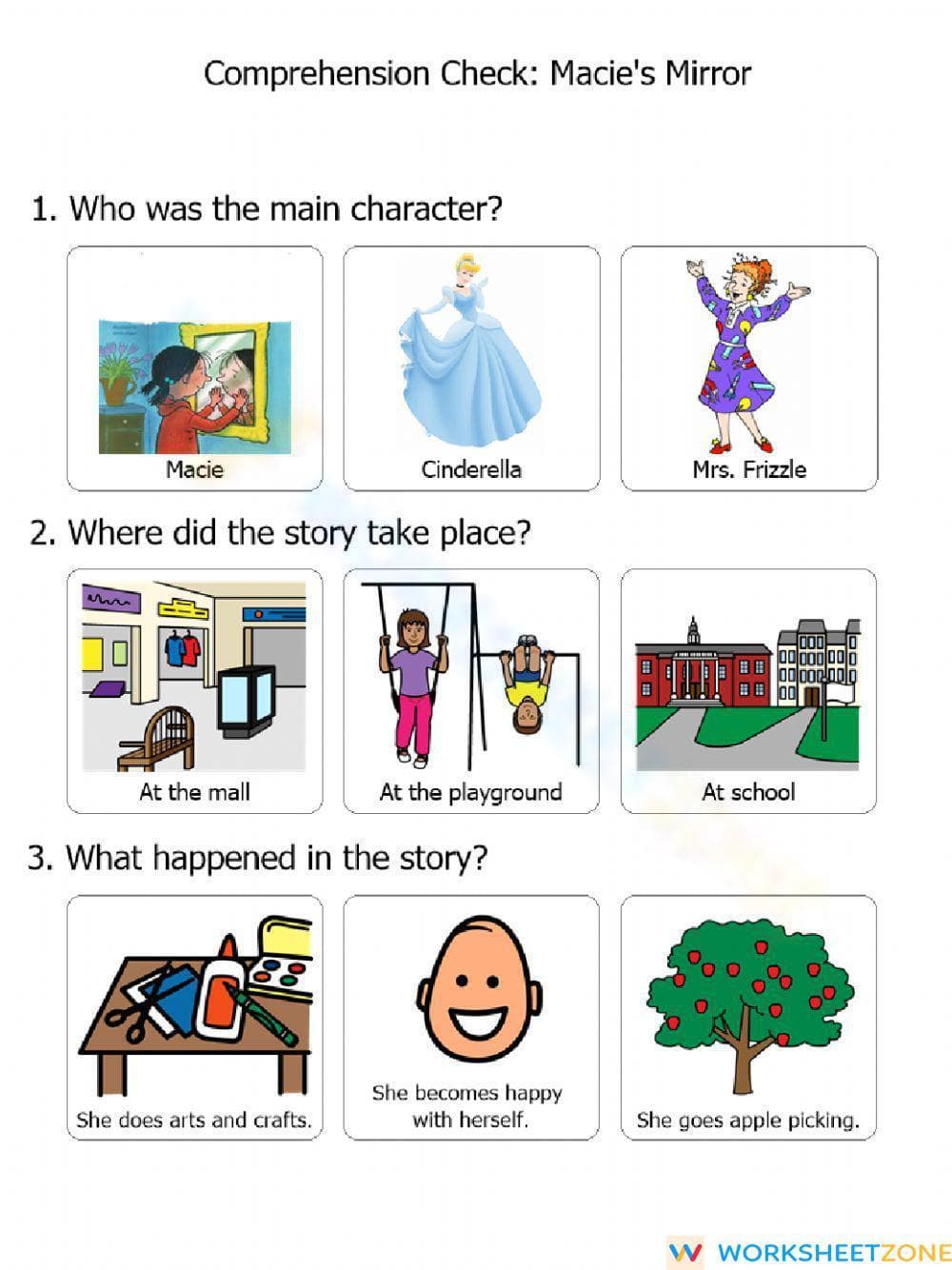 Macie's Mirror Comprehension Check | Grade 1 Printable - Page 1