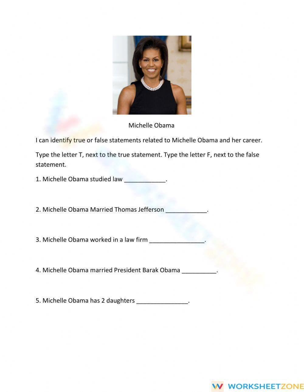 Printable Grade 6 Michelle Obama True/False Worksheet - Page 1