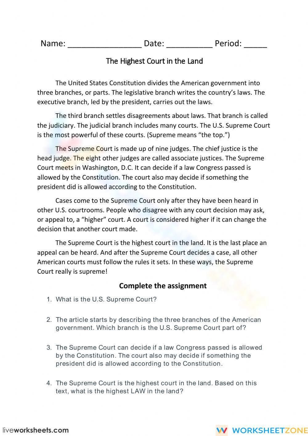 The Highest Court in the Land: Printable ELA Worksheet - Page 1