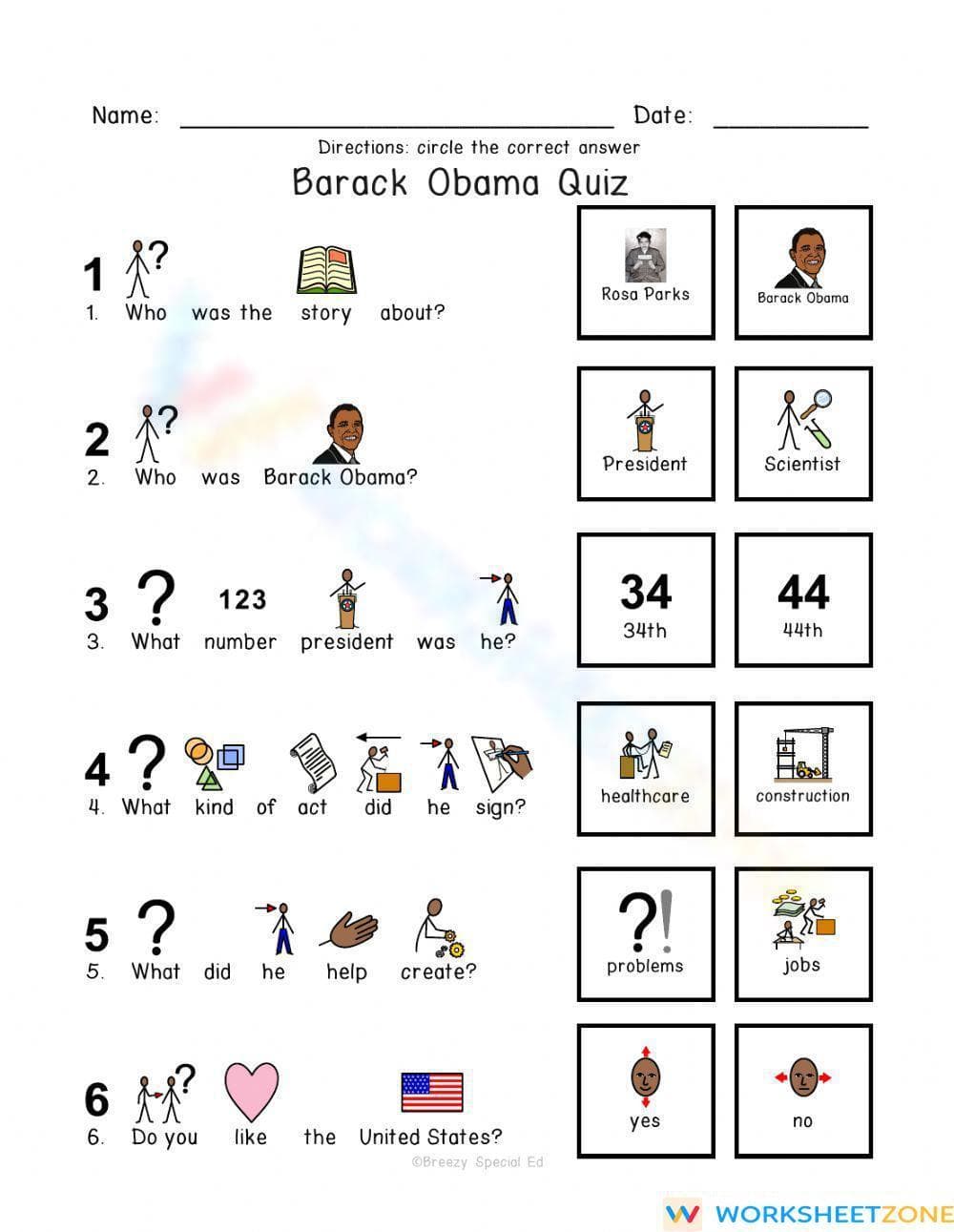 Grade K Barack Obama — Printable No-Prep Worksheet - Page 1