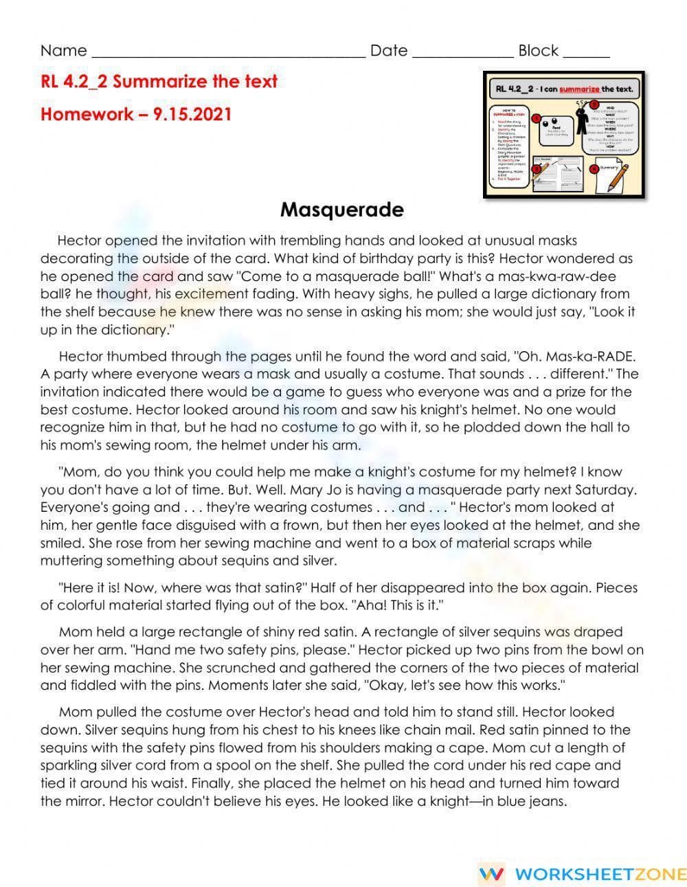 Essential Summarizing Worksheet | Grade 4 ELA Literature - Page 1