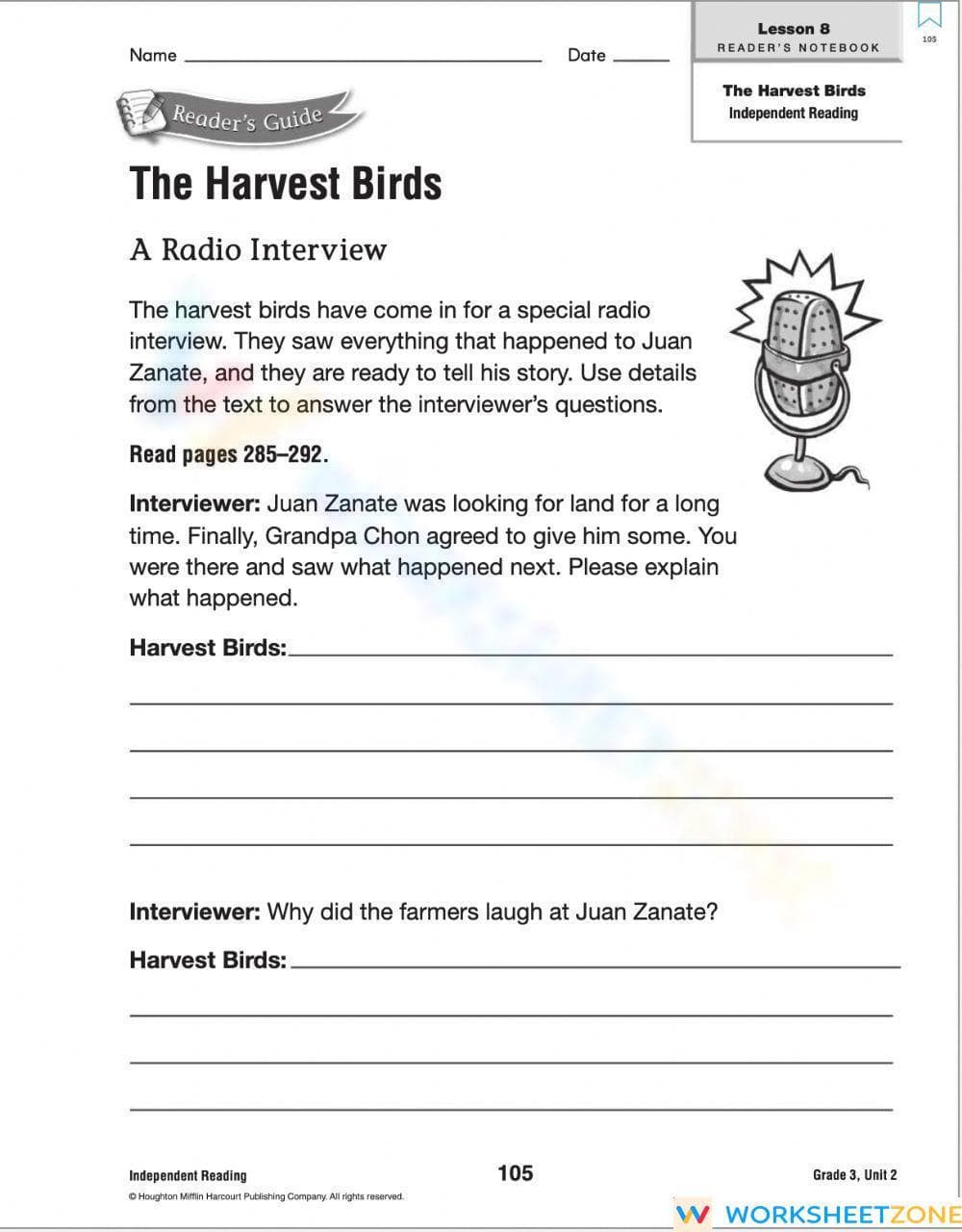 Grade 3 The Harvest Birds — Printable No-Prep Worksheet - Page 1