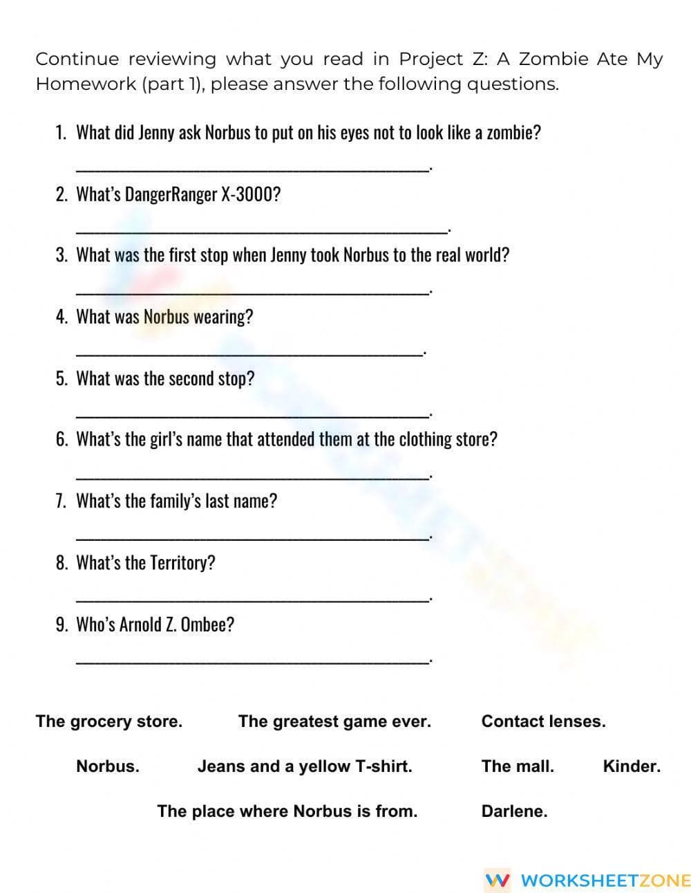 Printable Grade 4 Reading Worksheet: Project Z Story - Page 1