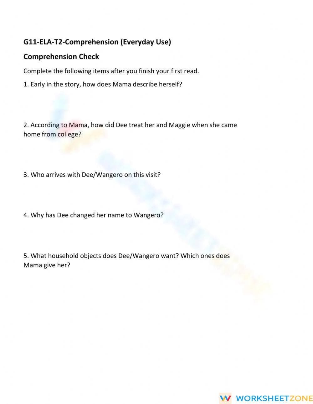 Printable Everyday Use Comprehension Worksheet | Grade 11 - Page 1