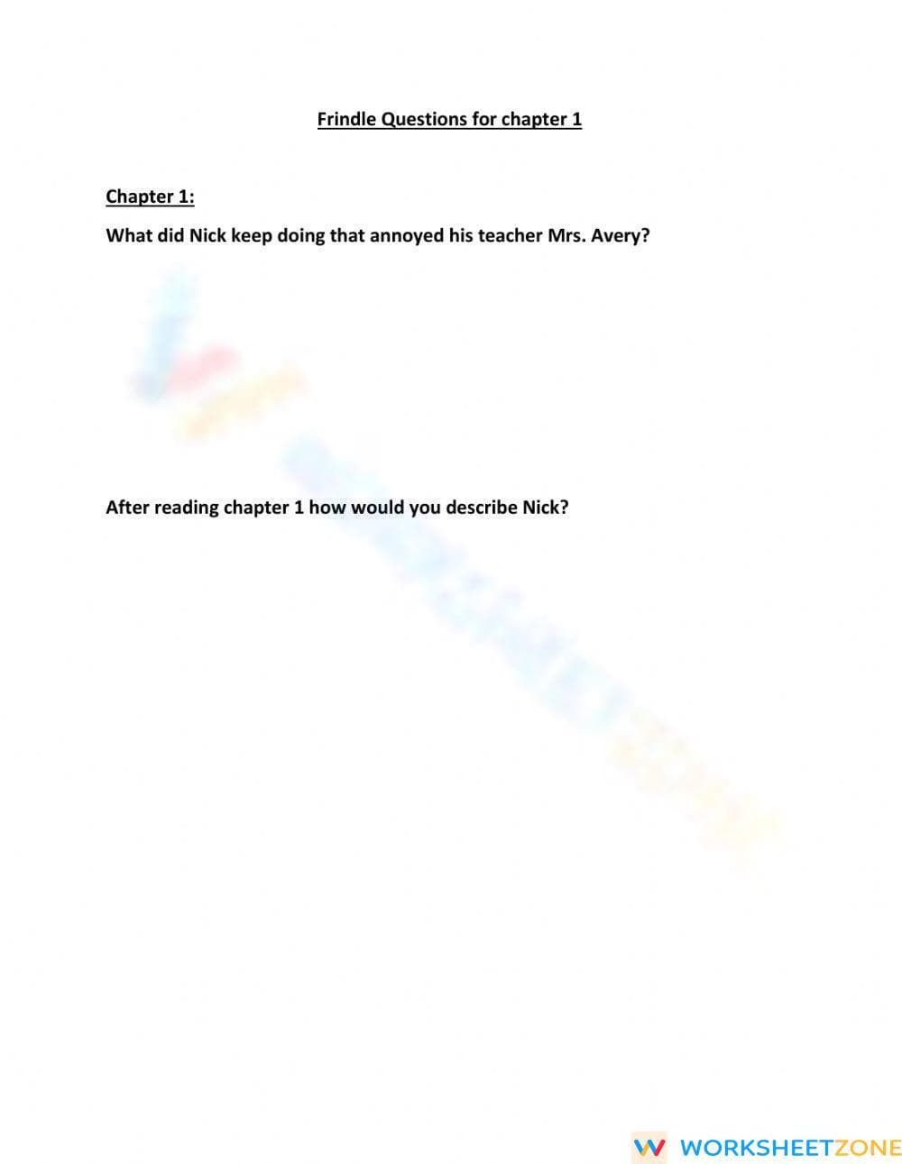 Printable Frindle Chapter 1 Questions | Grade 5 ELA - Page 1