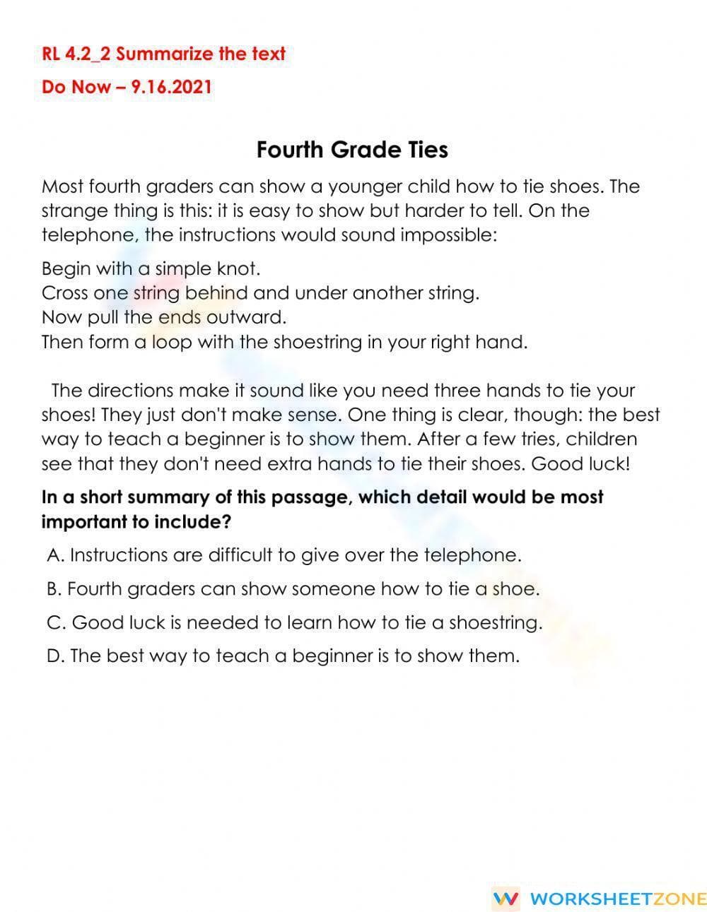 Essential RL.4.2 Worksheet: Summarizing Text Grade 4 Aligned - Page 1