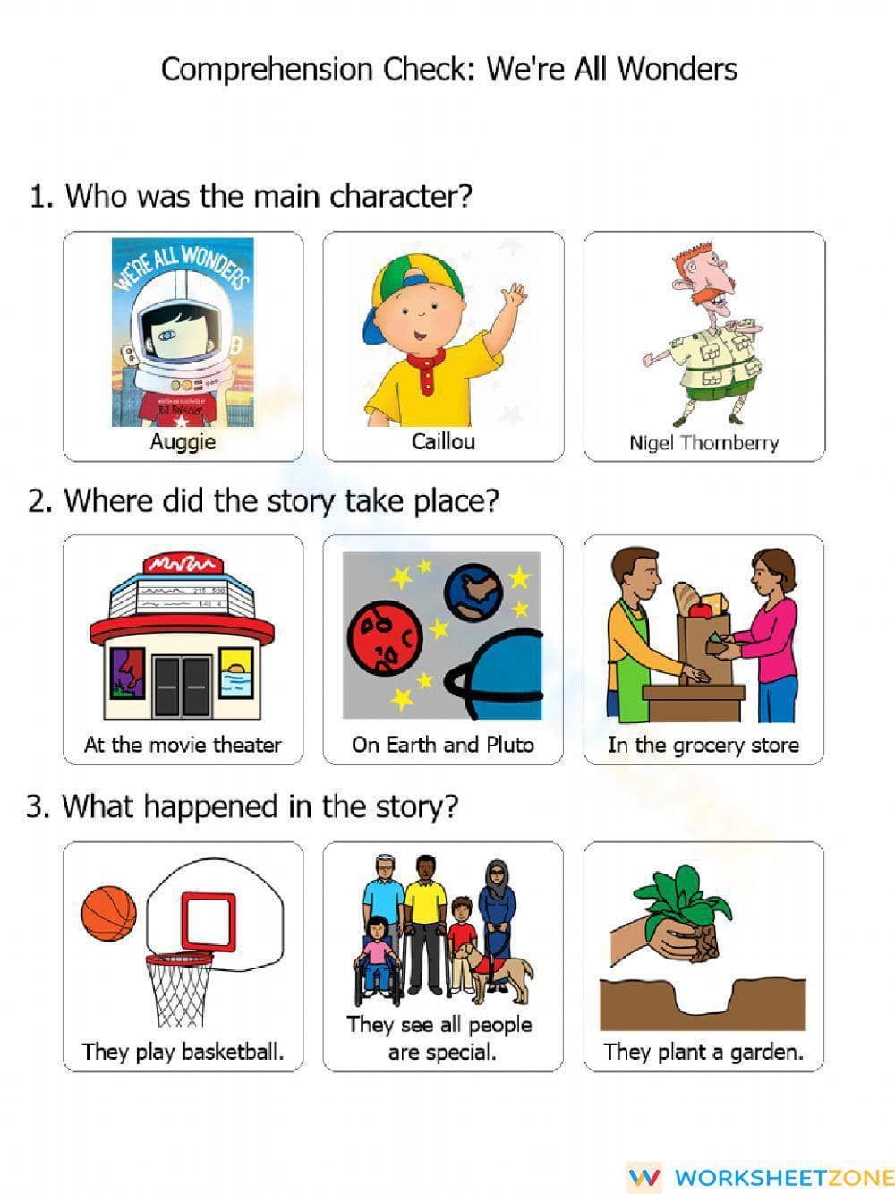 Printable We're All Wonders Reading Comprehension Worksheet - Page 1
