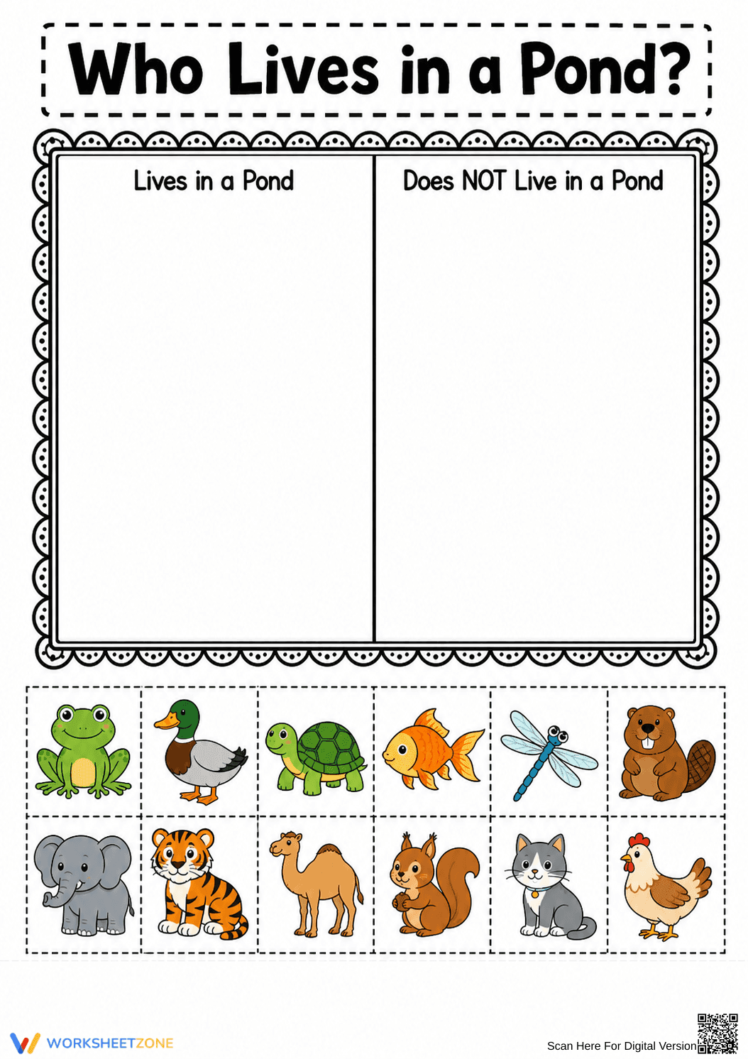 Pond Habitat Sorting Worksheet | Grade K-1 Printable - Page 1