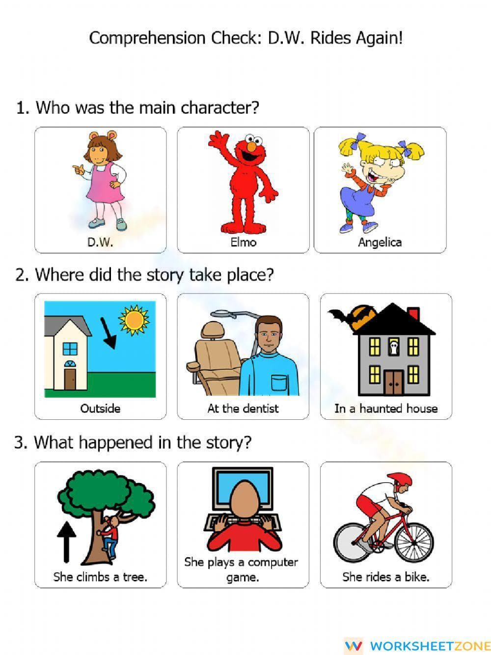 D.W. Rides Again Comprehension Worksheet | Essential Grade 1 - Page 1