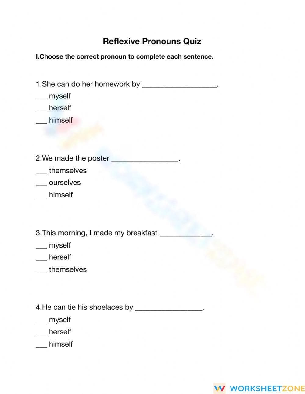 Essential Reflexive Pronouns Quiz | Grade 2-4 ELA - Page 1