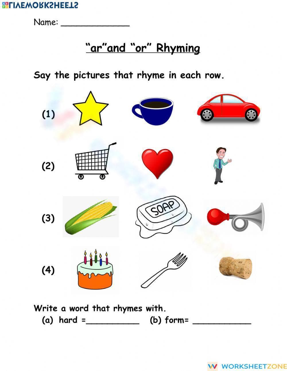 Essential ar and or Rhyming Worksheet | Grade 1 ELA - Page 1
