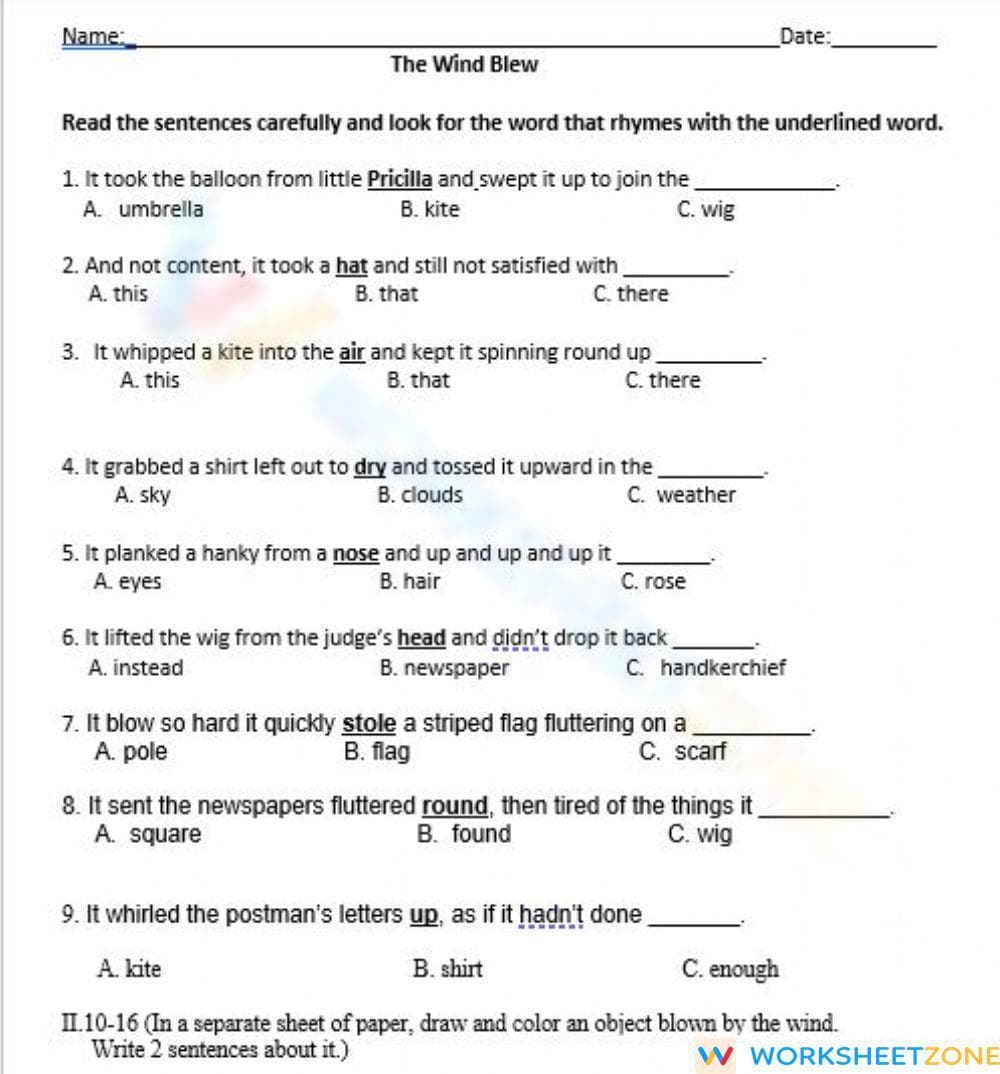 Grade 1-2 Rhyming — Essential Printable No-Prep Worksheet - Page 1