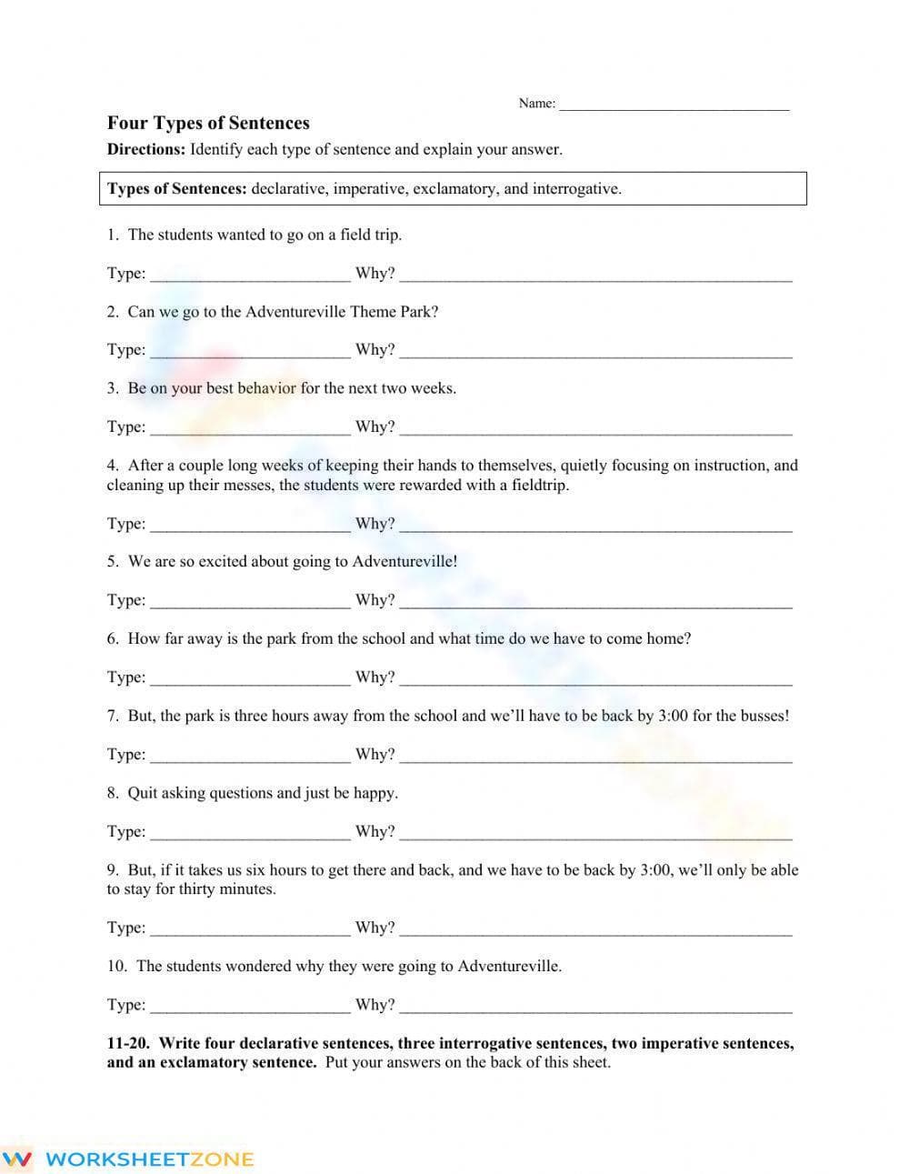 Printable Four Types of Sentences Worksheet (Grades 3-7) - Page 1