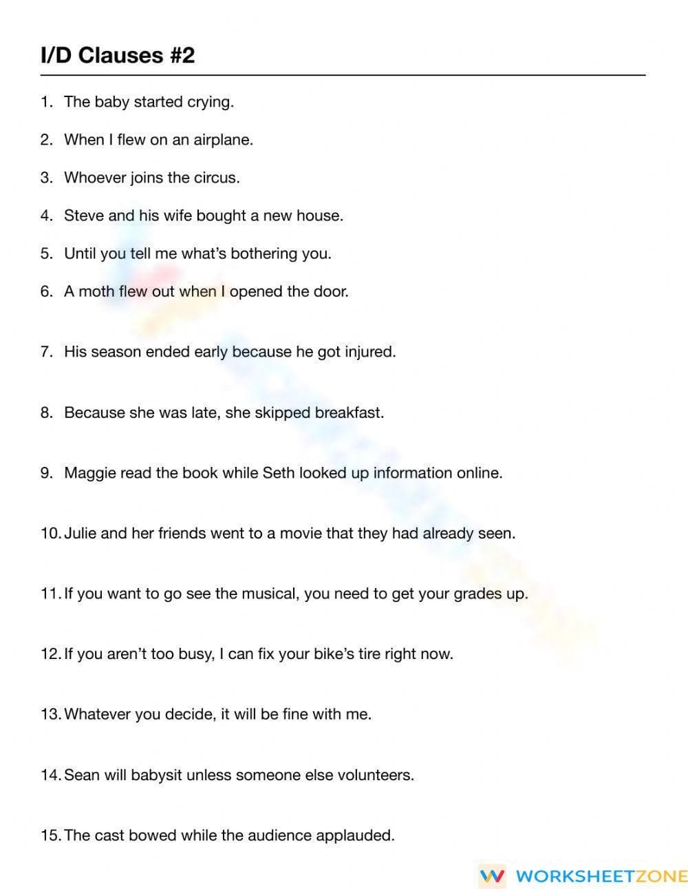 Grade 9-11 Clauses — Printable No-Prep Worksheet - Page 1