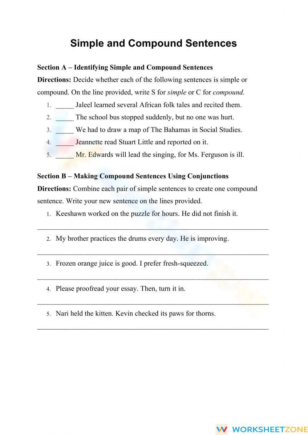 Printable Simple & Compound Sentences Worksheet | Grade 7 - Page 1