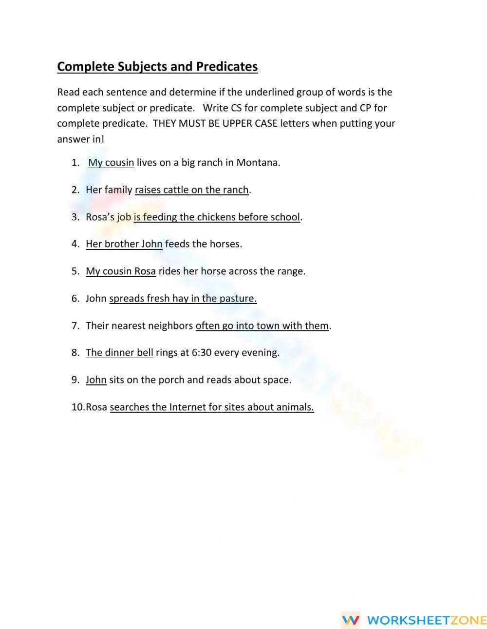 Essential Subjects & Predicates Worksheet | Grade 5 ELA - Page 1
