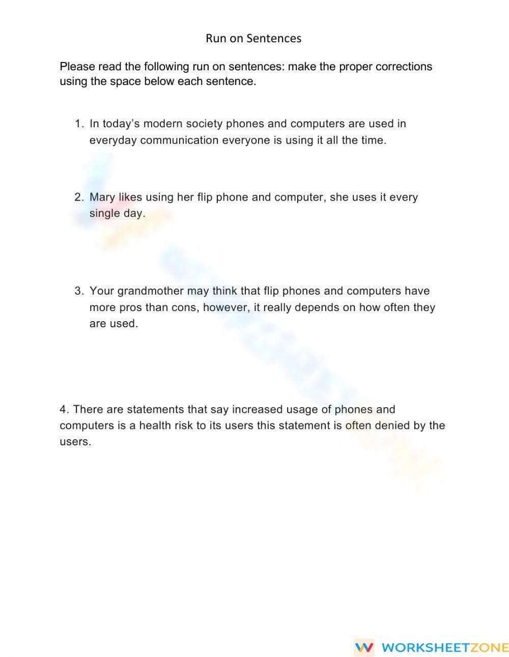 Grade 4 Run-on Sentences — Printable No-Prep Worksheet - Page 1