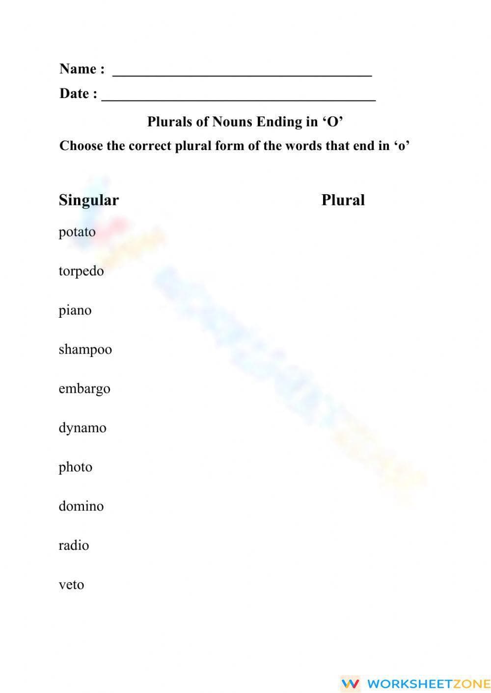 Essential Grade 3 Worksheet: Plural Nouns Ending in 'O' - Page 1
