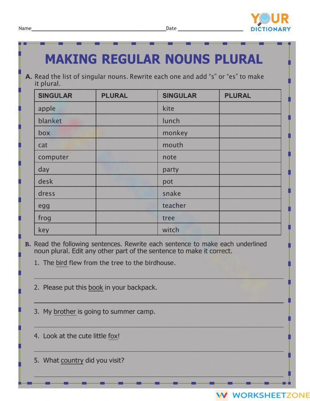 Grade 4 Regular Plurals — Printable No-Prep Worksheet - Page 1