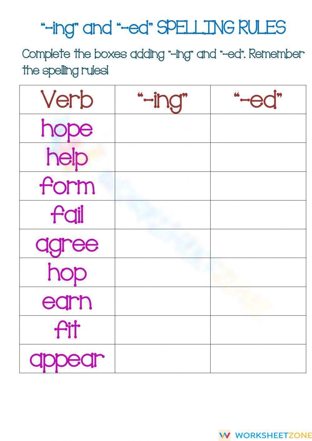 Printable Grade 3 Verb Endings (-ing/-ed) Worksheet - Page 1