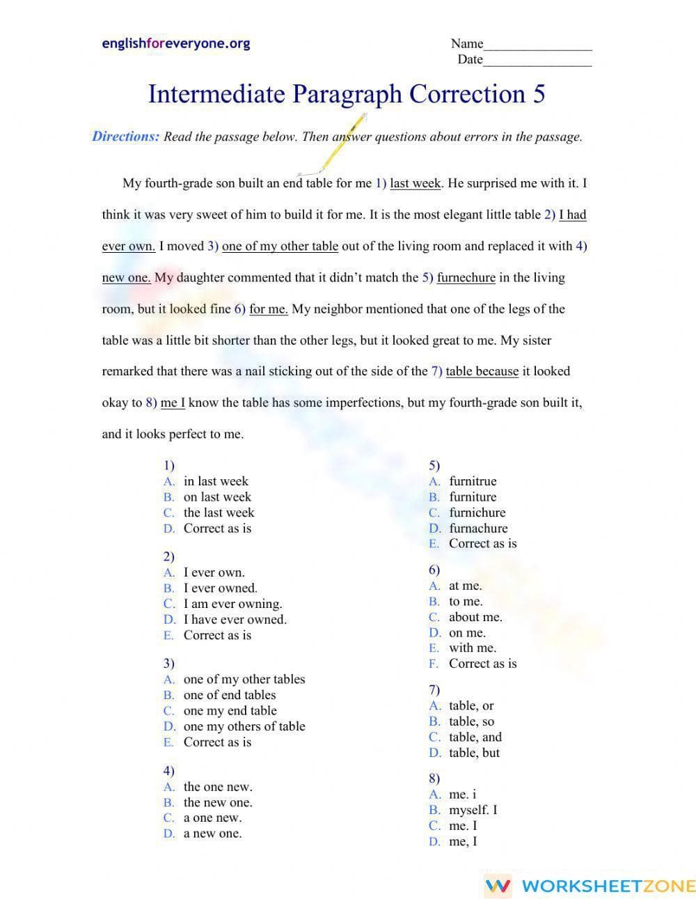 Grade 7 Paragraph Correction — Printable No-Prep Worksheet - Page 1