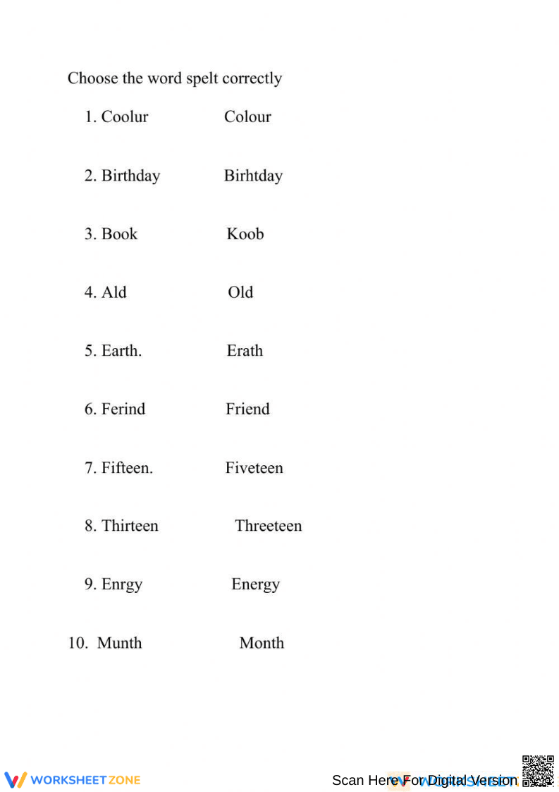 Printable Grade 4-5 Spelling Recognition Worksheet - Page 1
