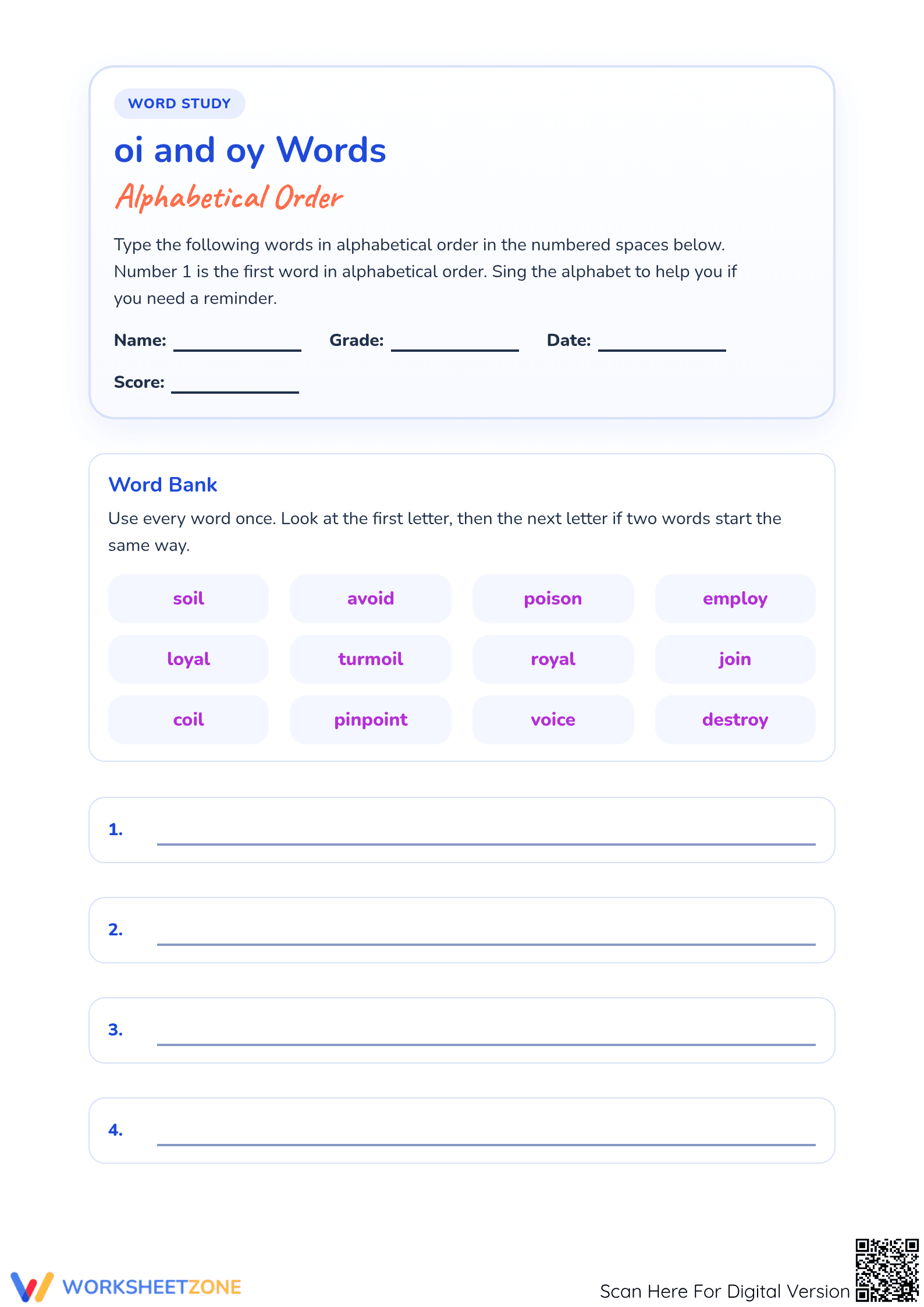 Oi and Oy ABC Order Worksheet | Printable Grade 3 ELA - Page 1
