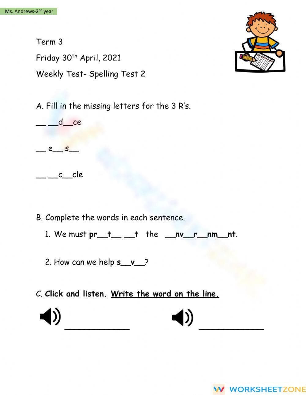 Essential Grade 2 Spelling Test: Term 3 Weekly Assessment - Page 1