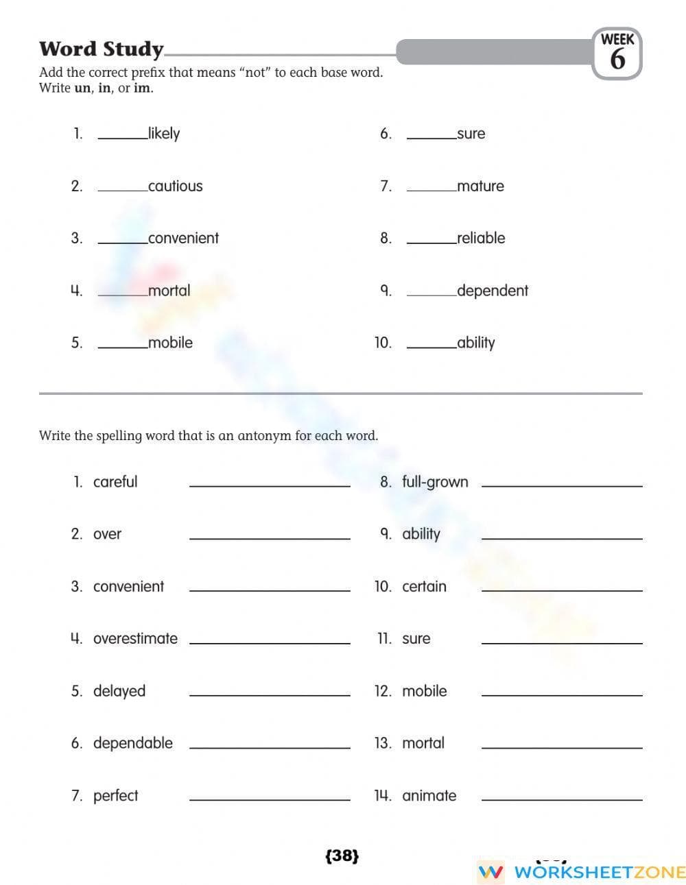 Grade 6 Negative Prefixes & Antonyms | Essential Worksheet - Page 1