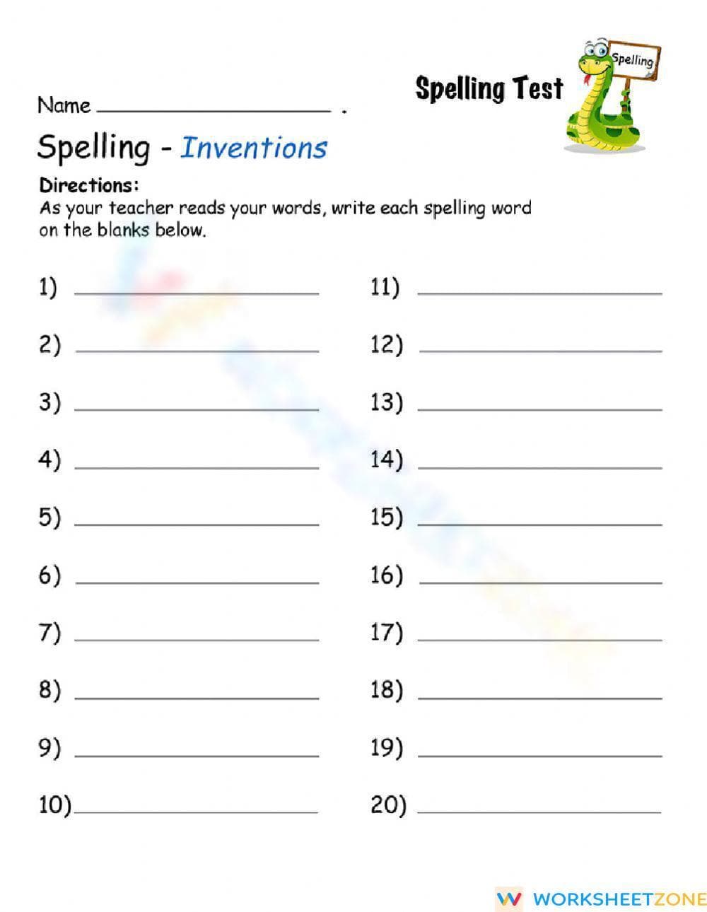 Essential Grade 5 Inventions Spelling Test Worksheet - Page 1