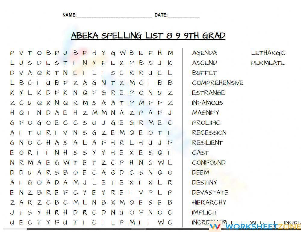 Printable Abeka Spelling List 8 & 9 Worksheet | Grade 9 - Page 1