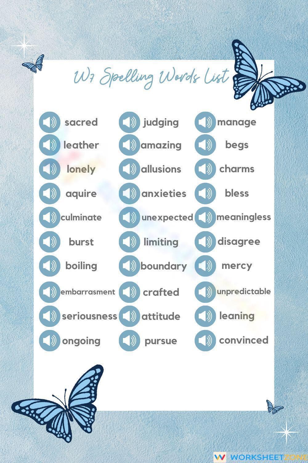 Printable W7 Spelling Words List | Grade 8-11 ELA - Page 1