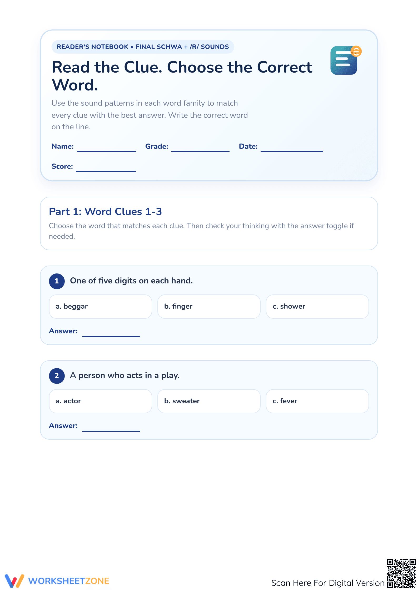 Final Shwa + /r/ Sounds Worksheet | Printable Grade 4 ELA - Page 1