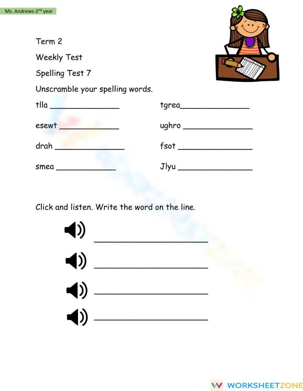 Grade 2 Spelling Test Worksheet — Printable Weekly Test - Page 1