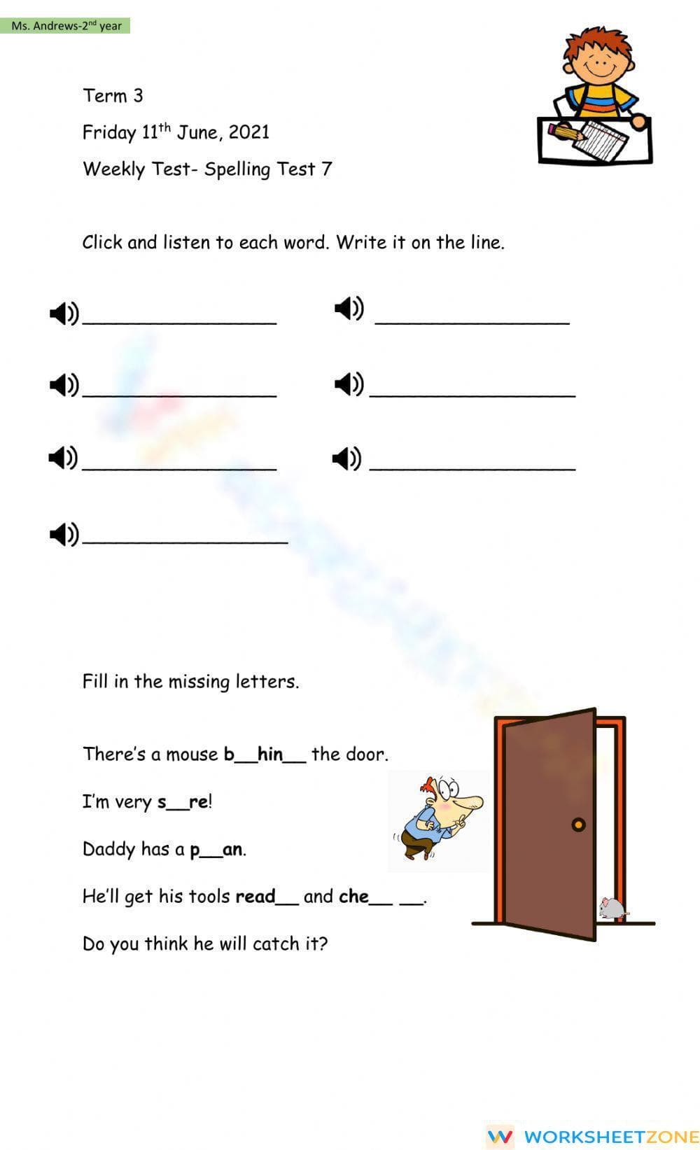 Essential Grade 2 Spelling Test | Printable Weekly 7 - Page 1
