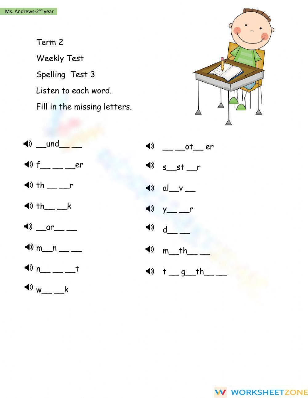 Essential Grade 2 Spelling Test | Term 2 Weekly Worksheet - Page 1