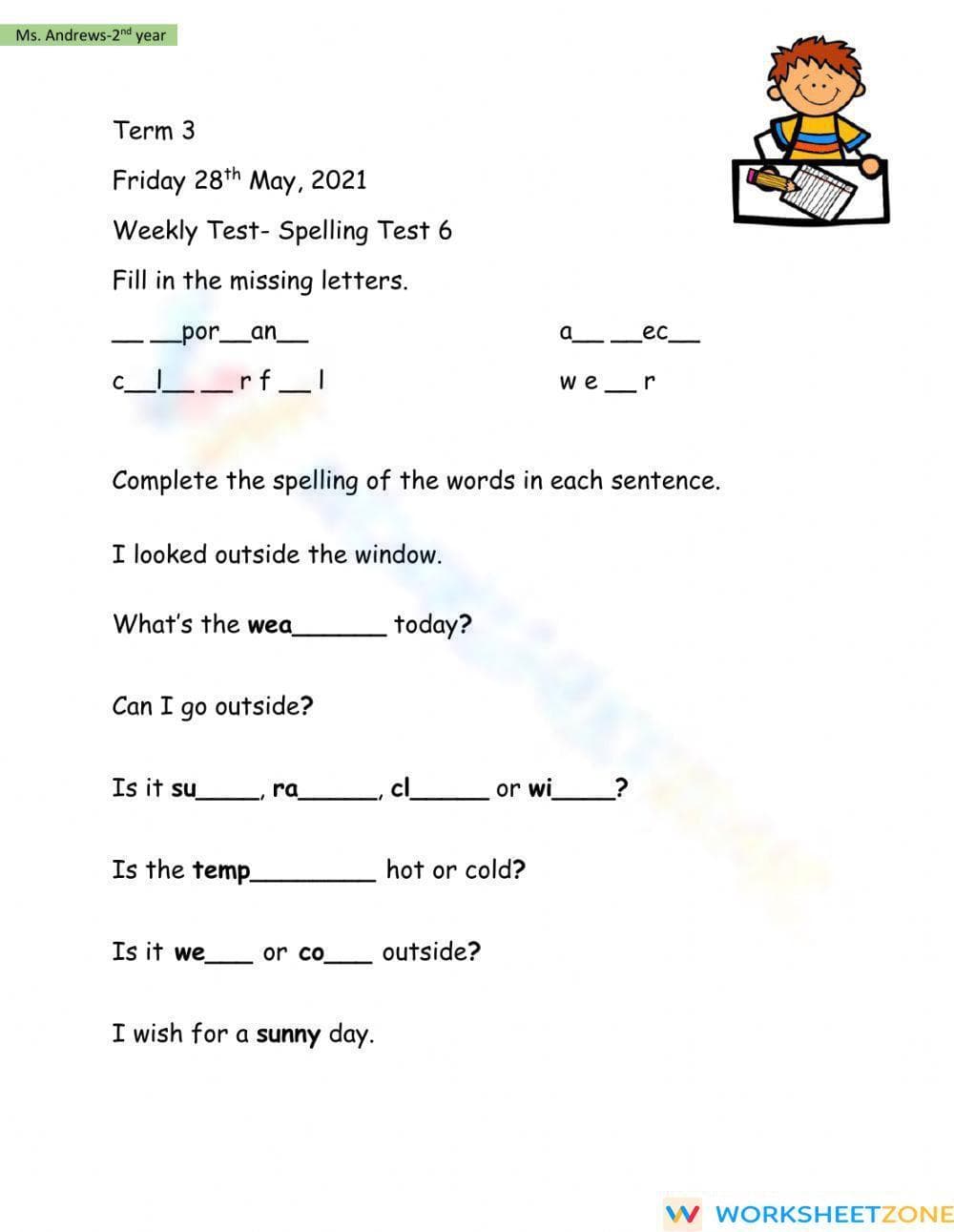 L.2.2 Printable Worksheet: Spelling Test 6 — Grade 2 - Page 1