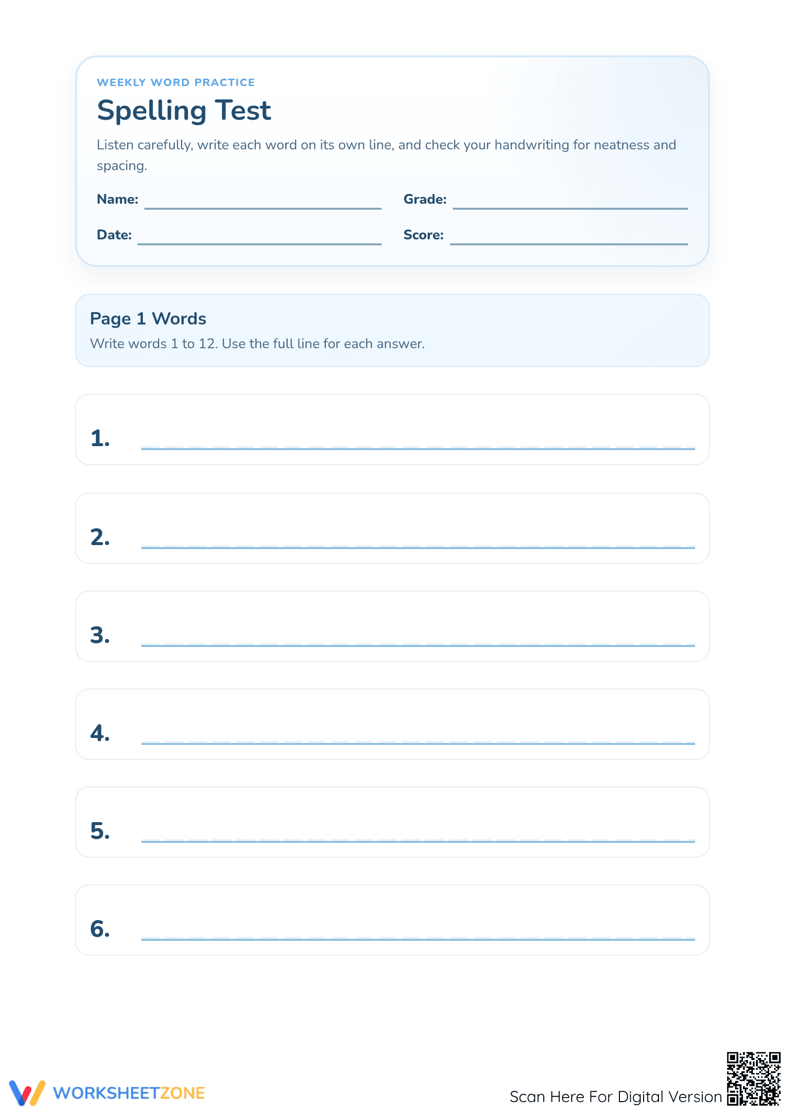 Grade 2 Spelling Test 20 Words — Printable No-Prep Worksheet - Page 1