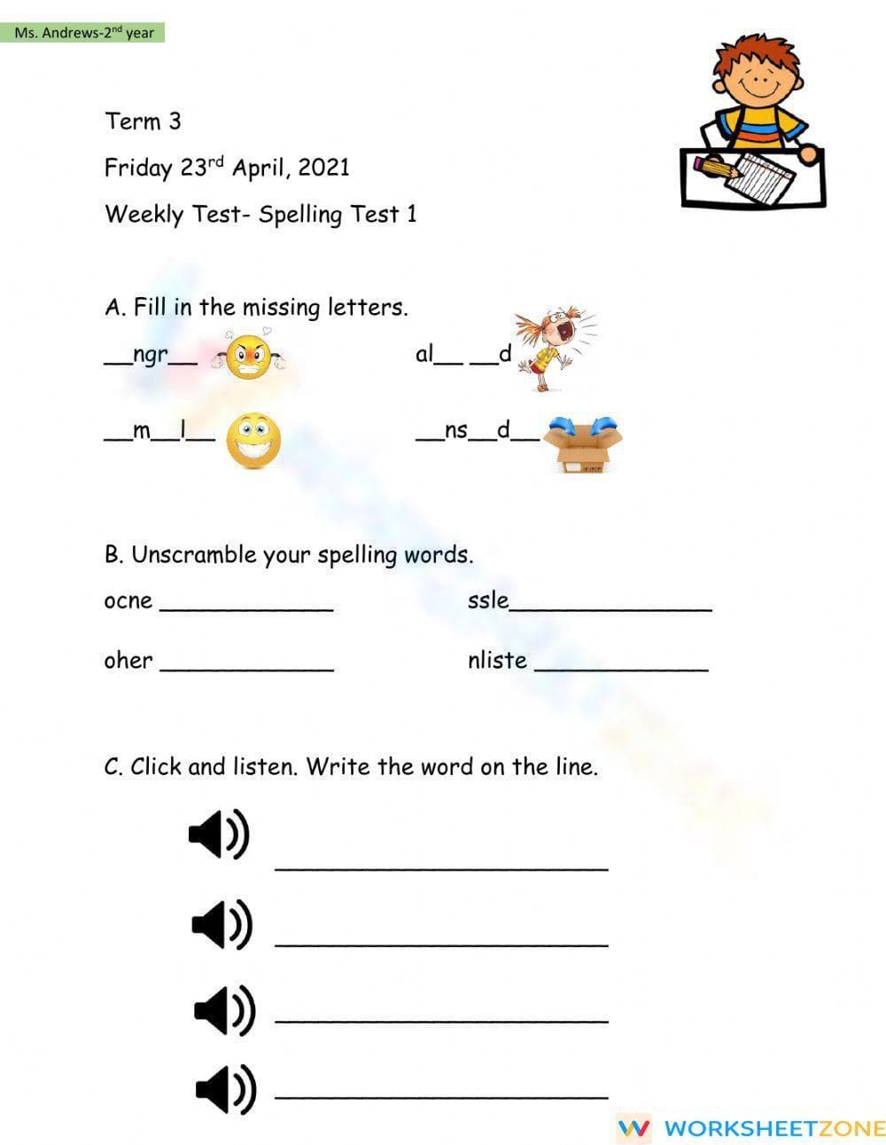 Grade 2 Spelling Weekly Test 1 | Essential Printable - Page 1