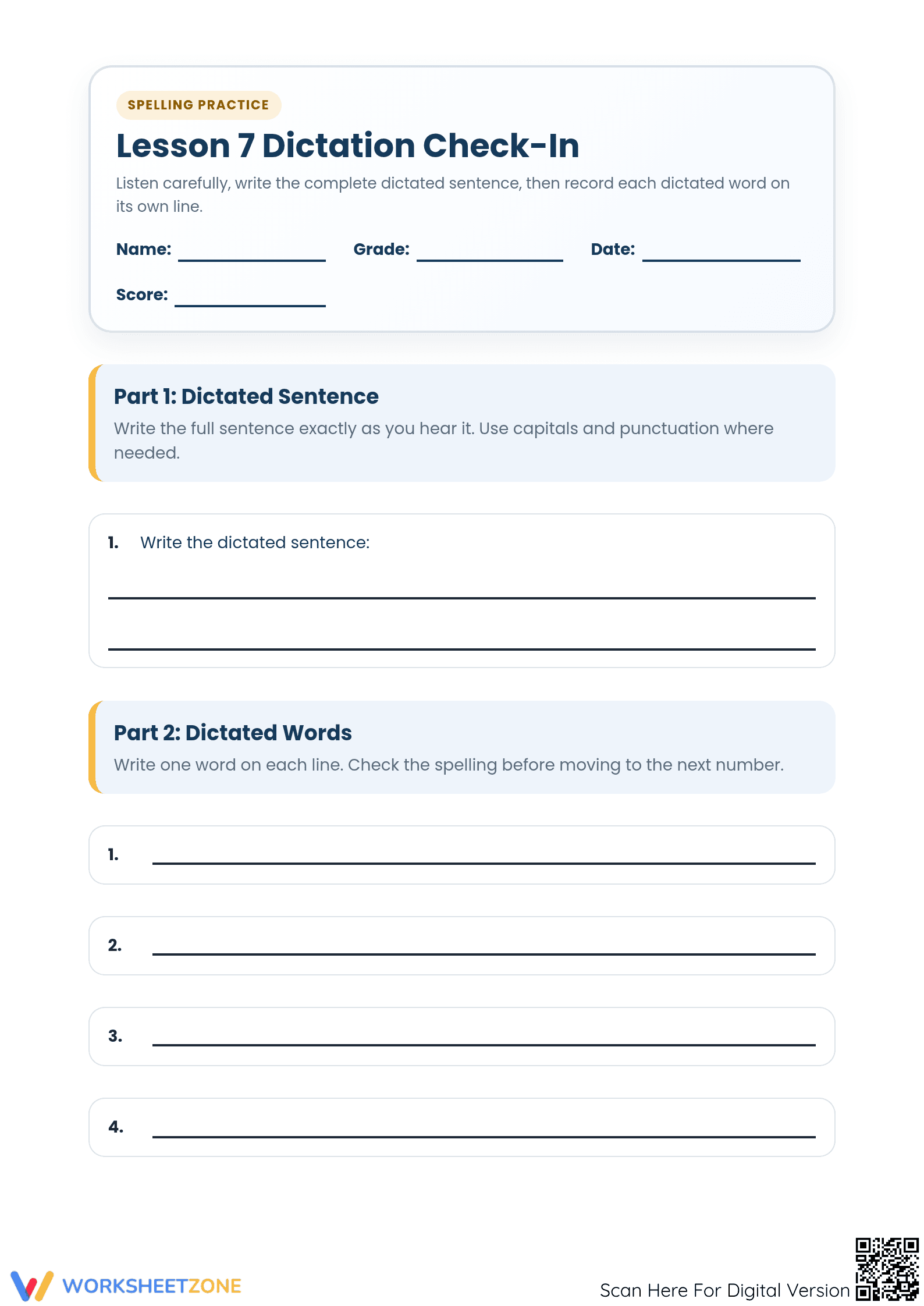 Grade 6 Lesson 7 Spelling Test — Printable No-Prep Worksheet - Page 1