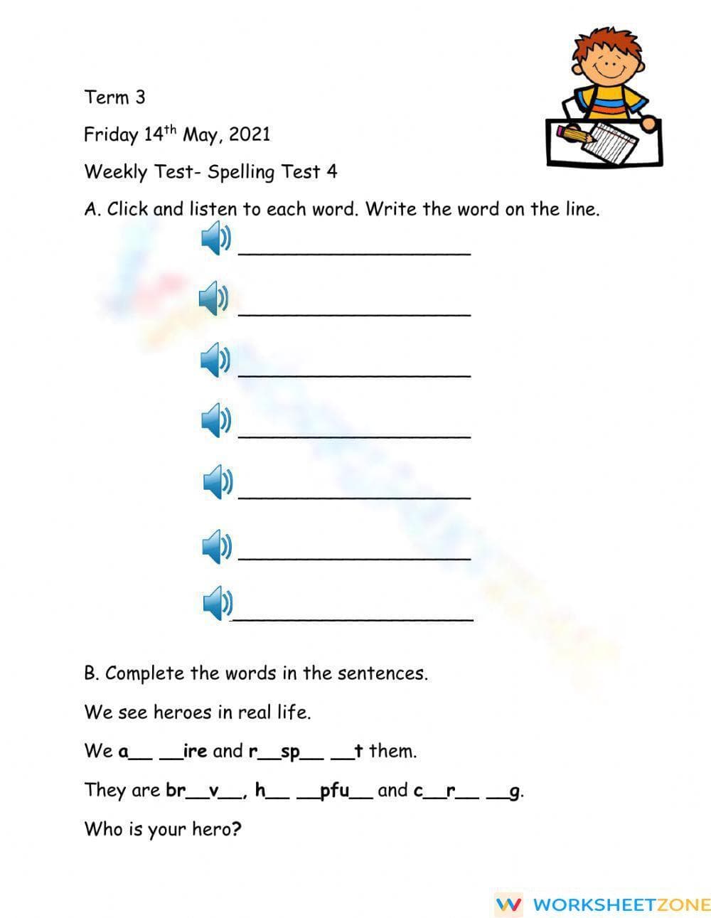 Grade 2 Spelling Test Worksheet — Printable No-Prep ELA - Page 1