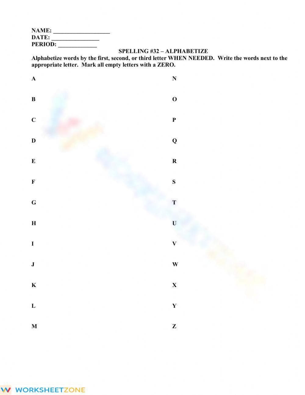 Printable Alphabetizing Practice | College English Spelling - Page 1