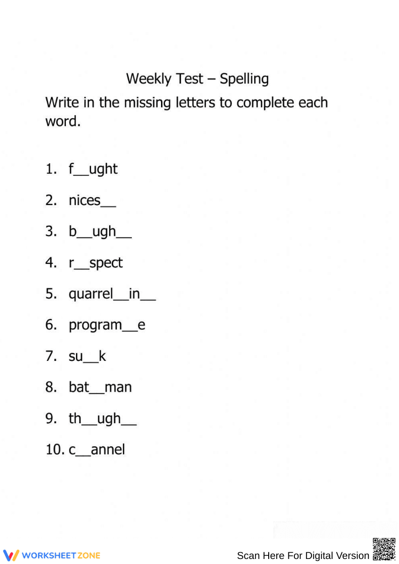 Grade 5 Spelling Worksheet — Essential Fill in the Blanks - Page 1