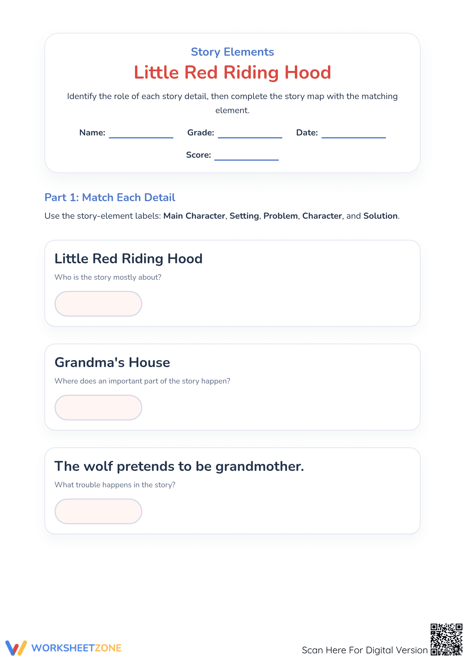 Little Red Riding Hood Story Elements | Essential Worksheet - Page 1